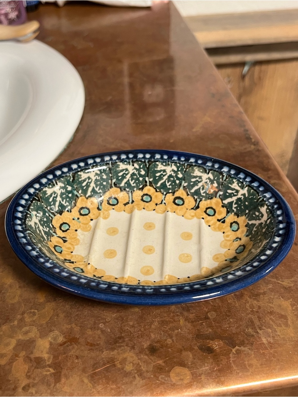 Hand-Painted Ceramic Trinket/ soap Dish in Blue, Green & Yellow, Polish pottery